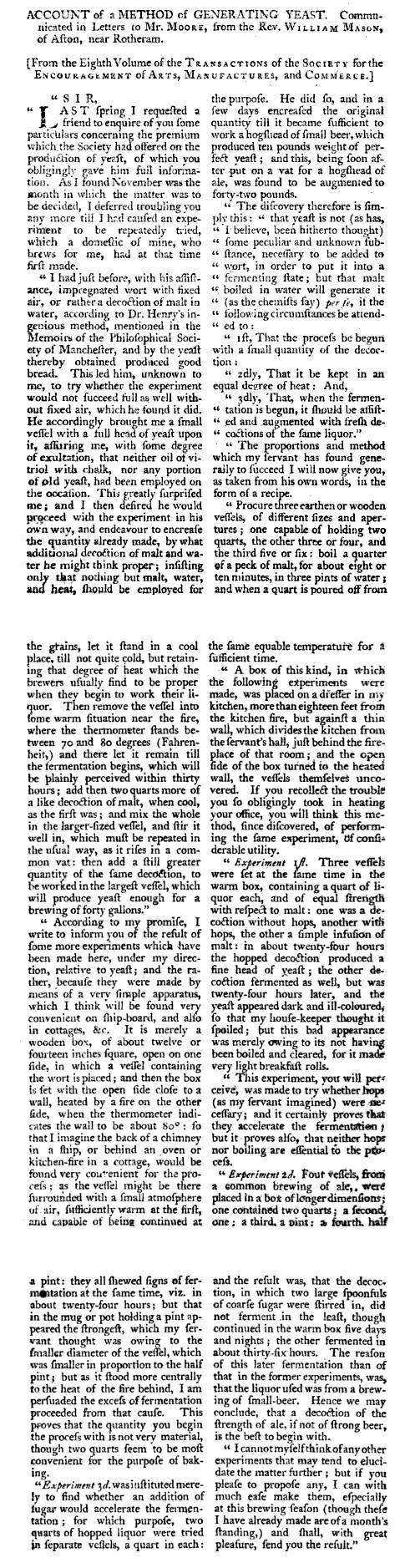 Account of Generating yeast about 1790