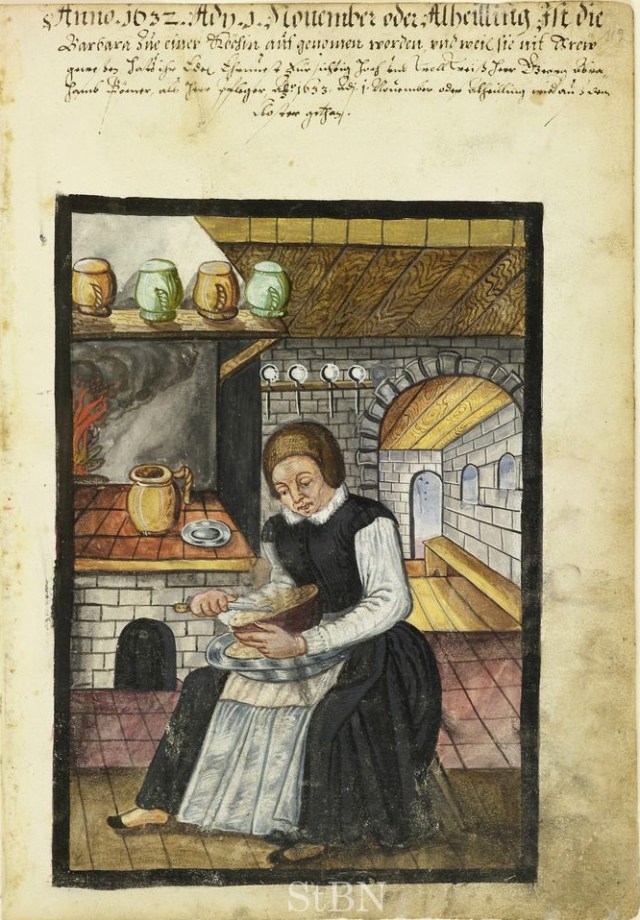 16th Century Cook working with raised hearth and built in oven
